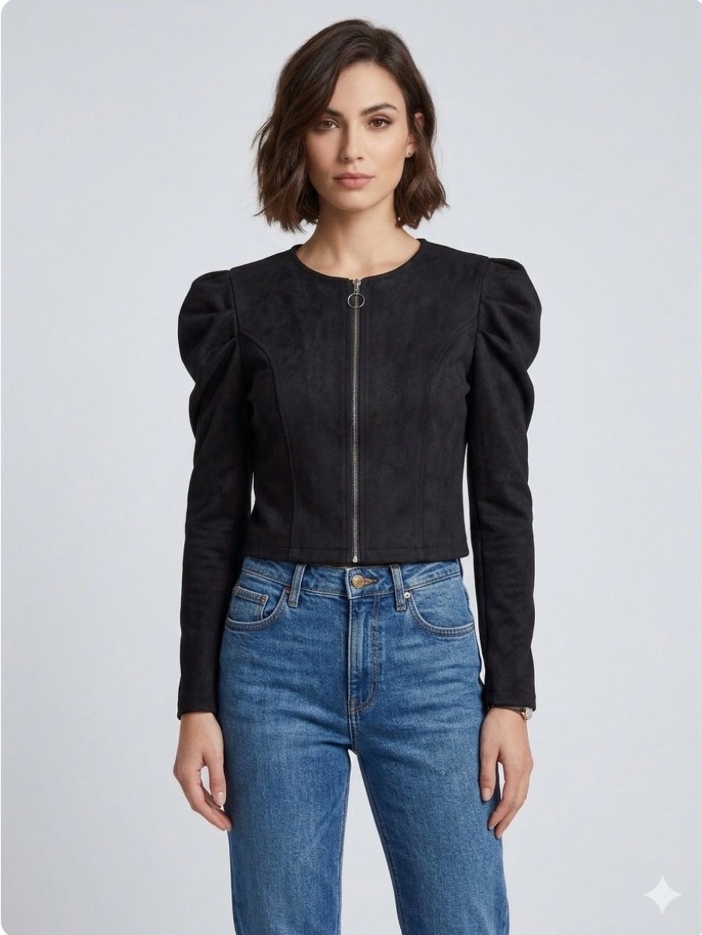 Women's Black Puff-Sleeve Zip Front Blazer Jacket